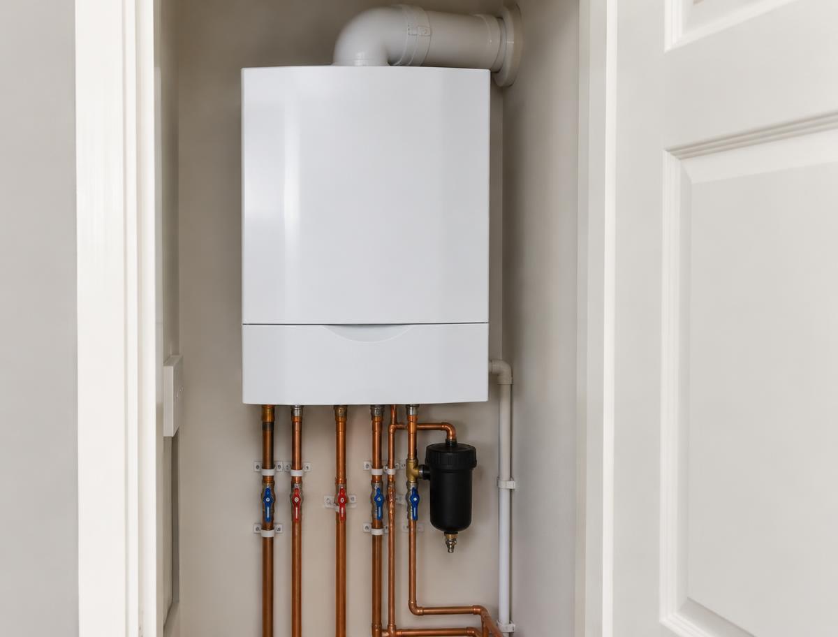 Newly installed combi boiler with neat copper pipework and system filter