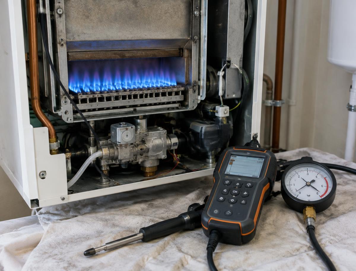 Open boiler with blue burner flame and a flue gas analyser ready for testing
